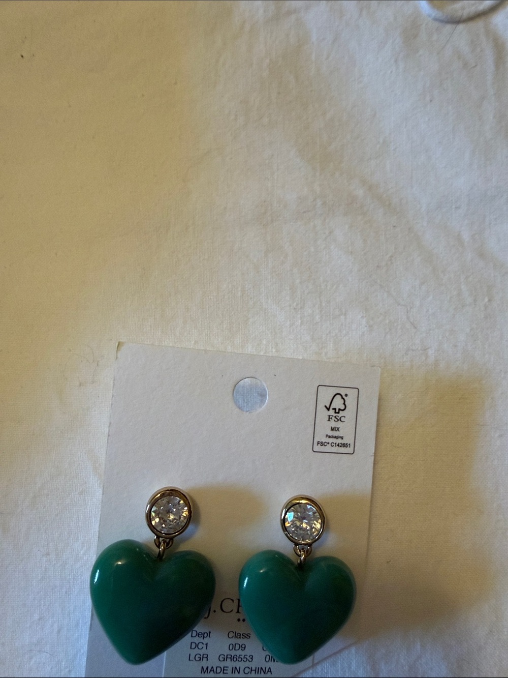 J. Crew Emerald Green Heart Drop Earrings with Crystal Tops